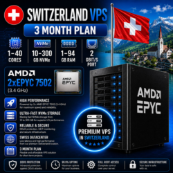 Швейцария VPS - 3 Месяца | AMD 2xEPYC 7502 | Быстрый NVMe | Порт 2 Гбит/с