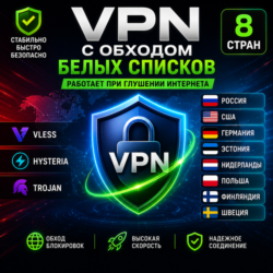VPN с обходом белых списков — VLESS / Hysteria / Trojan | 8 стран