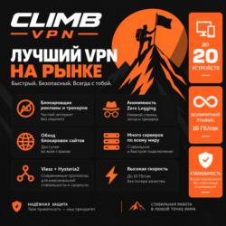 Сlimb VPN | 2 Года, Работает В РФ,Большой Список Локаций | Быстро. Приватно VLESS ВПН