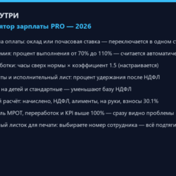Расчёт зарплаты 2026 PRO: калькулятор, оклад, KPI, смены, переработки — Excel